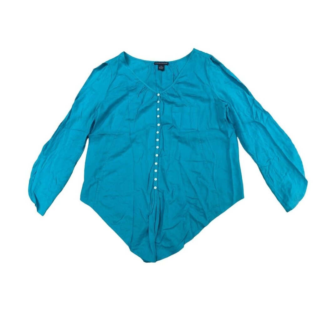 Anthropologie Chelsea & Theodore Top Medium Blue Long Sleeve V Neck Button Front